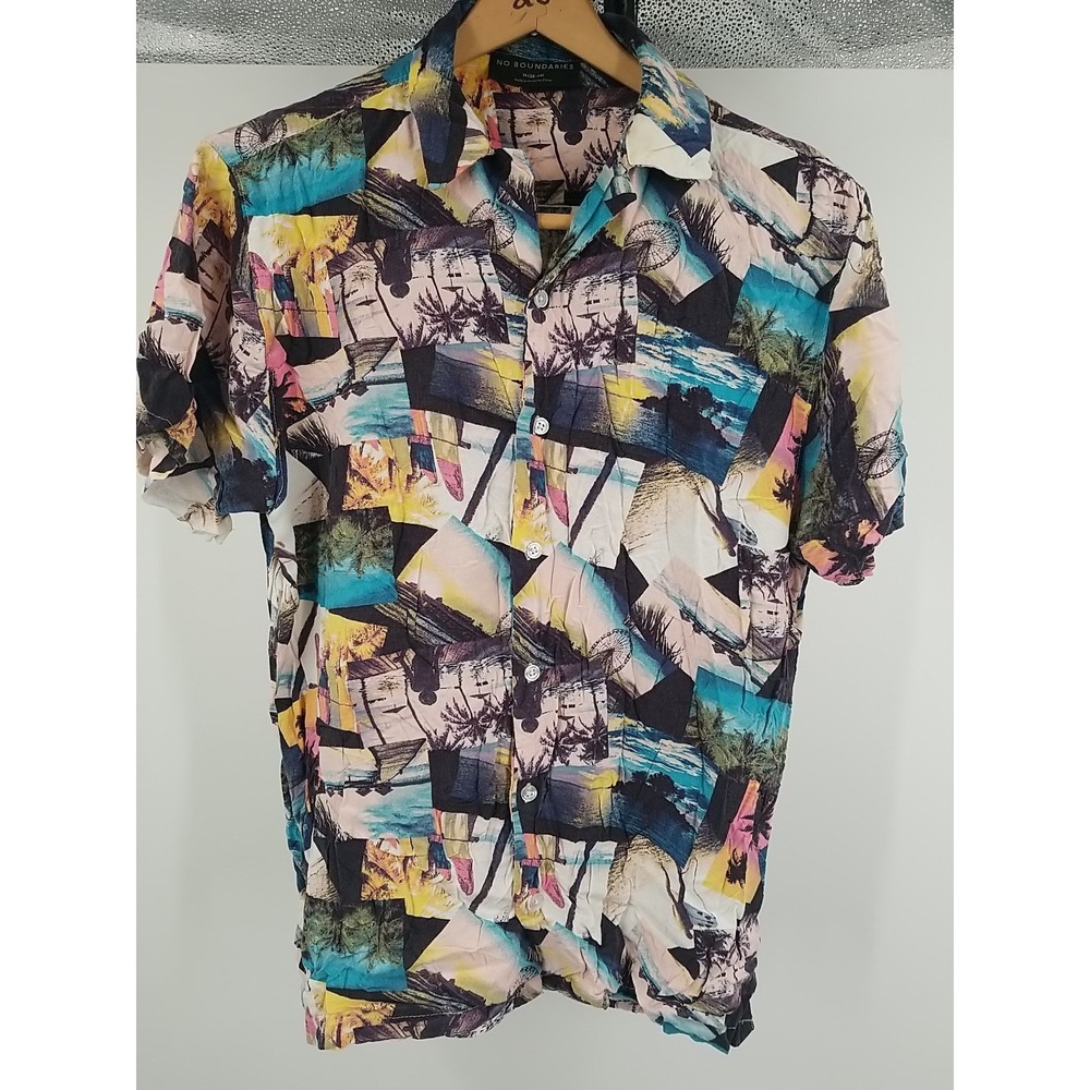 No Boundaries Hawaiian Shirt Mens Medium Postcard Print Rayon Short Sleeve Blue